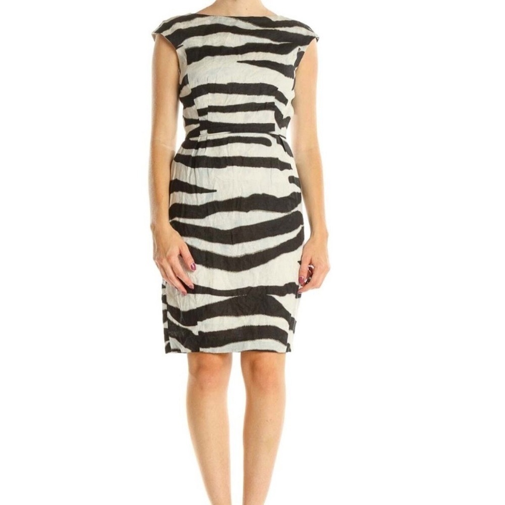 Banana Republic Linen Zebra Print Dress Short Sleeve Fully Lined Size 14